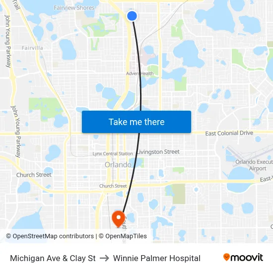 Michigan Ave & Clay St to Winnie Palmer Hospital map