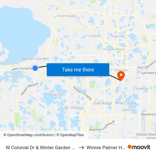 W Colonial Dr & Winter Garden Vineland Rd to Winnie Palmer Hospital map