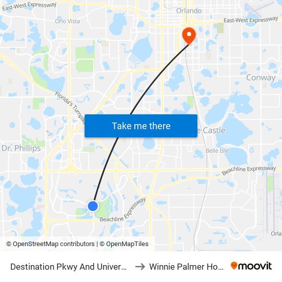 Destination Pkwy And Universal Blvd to Winnie Palmer Hospital map