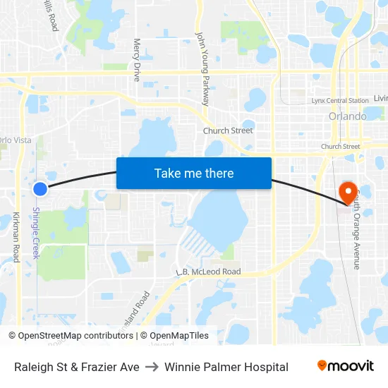 Raleigh St & Frazier Ave to Winnie Palmer Hospital map