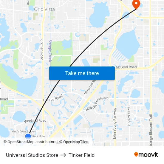Universal Studios Store to Tinker Field map