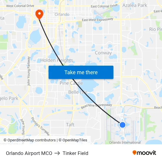 Orlando Airport MCO to Tinker Field map