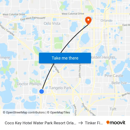 Coco Key Hotel Water Park Resort Orlando to Tinker Field map