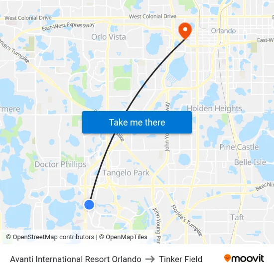 Avanti International Resort Orlando to Tinker Field map
