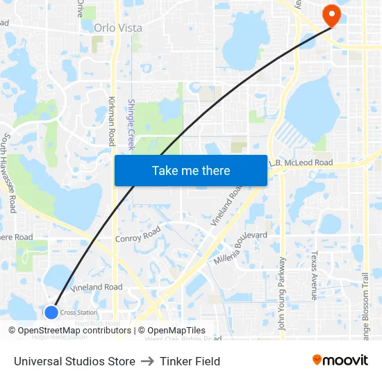 Universal Studios Store to Tinker Field map