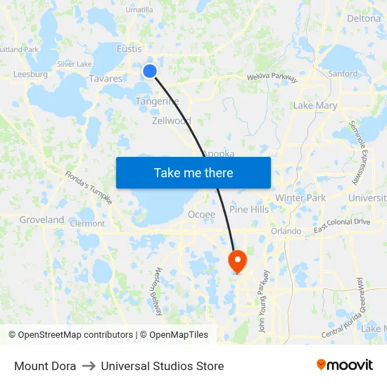 Mount Dora to Universal Studios Store map
