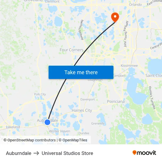 Auburndale to Universal Studios Store map