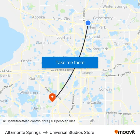 Altamonte Springs to Universal Studios Store map