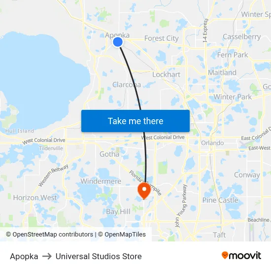 Apopka to Universal Studios Store map