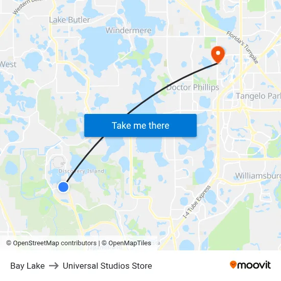 Bay Lake to Universal Studios Store map