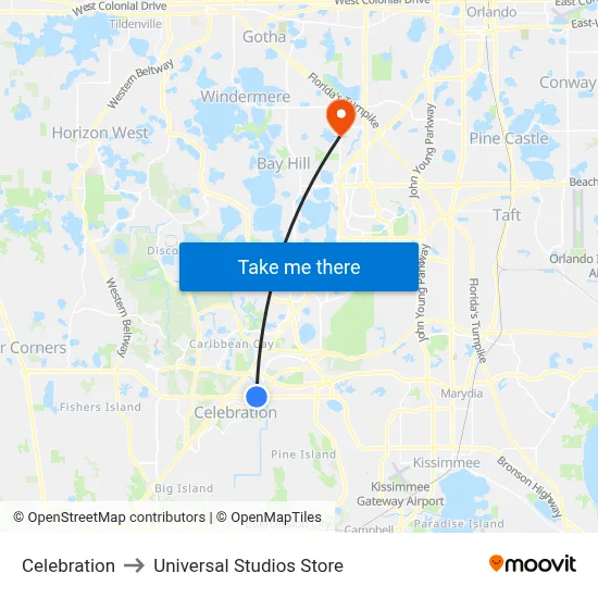 Celebration to Universal Studios Store map
