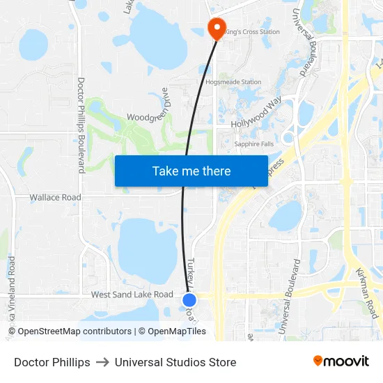 Doctor Phillips to Universal Studios Store map
