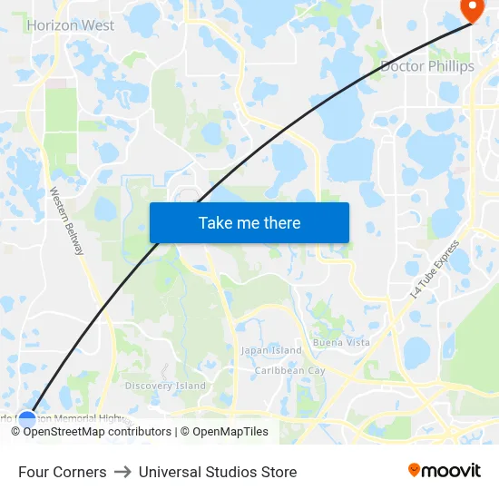 Four Corners to Universal Studios Store map