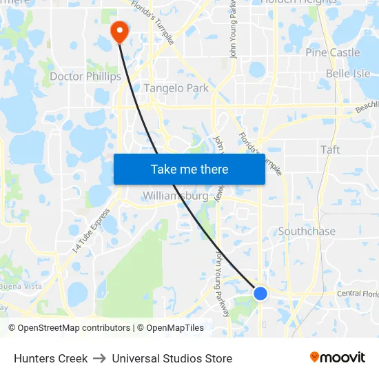 Hunters Creek to Universal Studios Store map