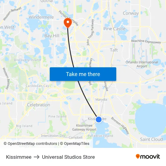 Kissimmee to Universal Studios Store map