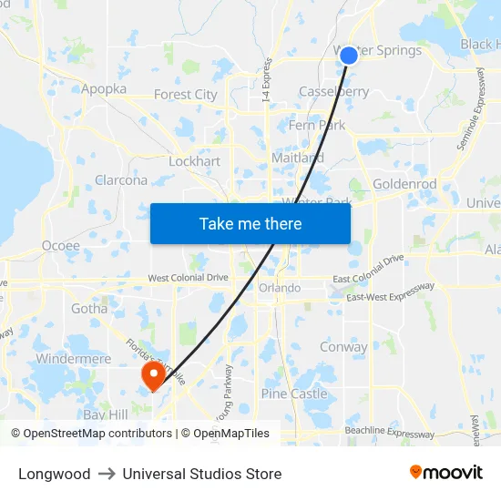 Longwood to Universal Studios Store map