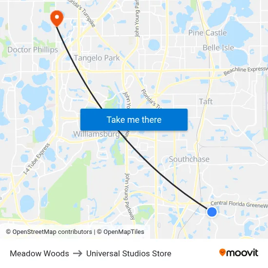 Meadow Woods to Universal Studios Store map