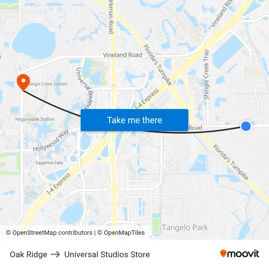 Oak Ridge to Universal Studios Store map