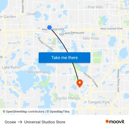 Ocoee to Universal Studios Store map