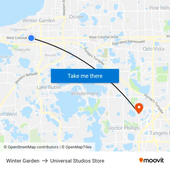 Winter Garden to Universal Studios Store map