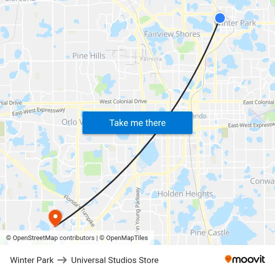Winter Park to Universal Studios Store map