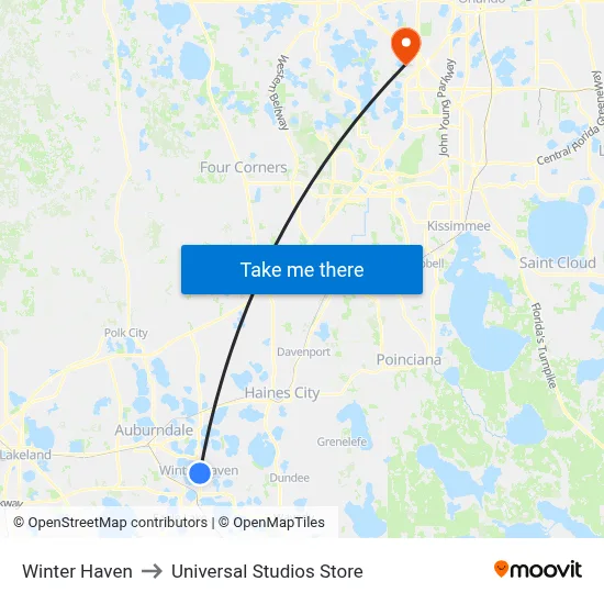 Winter Haven to Universal Studios Store map