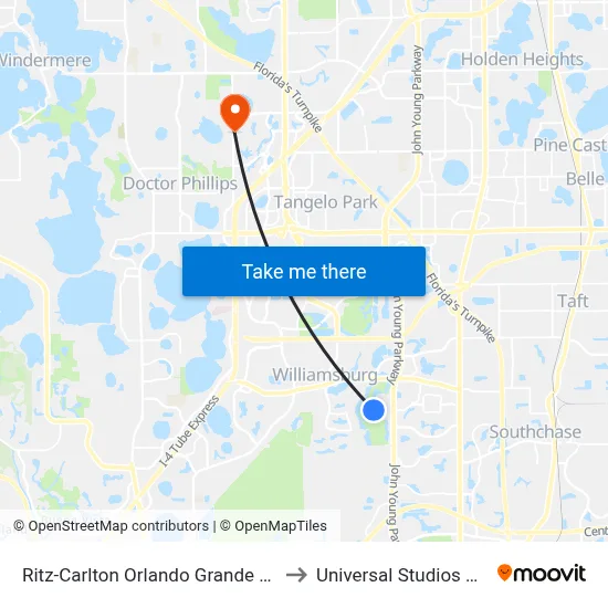 Ritz-Carlton Orlando Grande Lakes to Universal Studios Store map