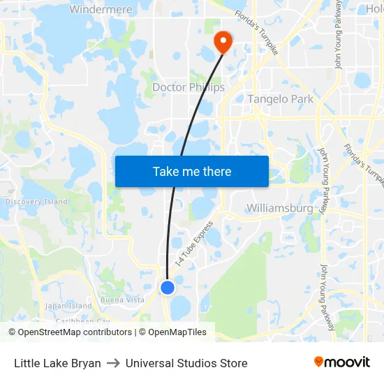 Little Lake Bryan to Universal Studios Store map