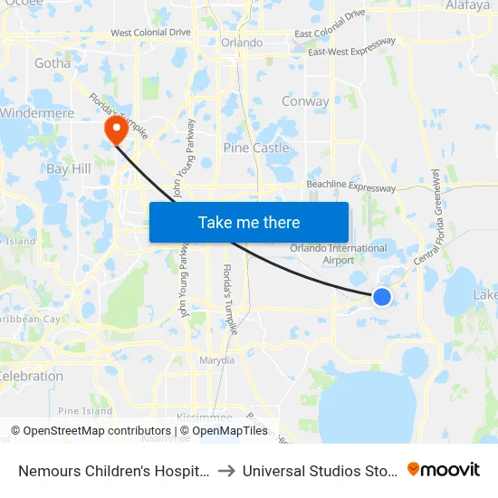 Nemours Children's Hospital to Universal Studios Store map