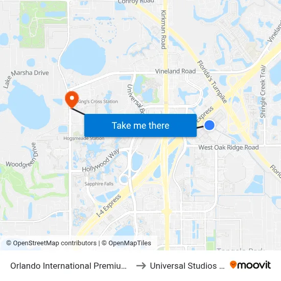 Orlando International Premium Outlet to Universal Studios Store map