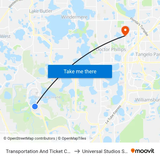 Transportation And Ticket Center to Universal Studios Store map