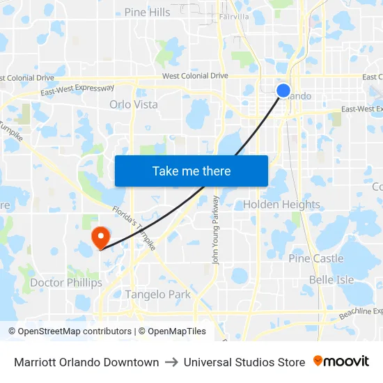 Marriott Orlando Downtown to Universal Studios Store map