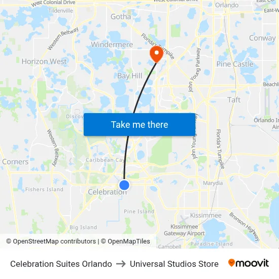 Celebration Suites Orlando to Universal Studios Store map