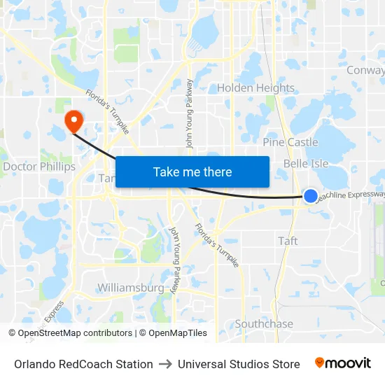 Orlando RedCoach Station to Universal Studios Store map