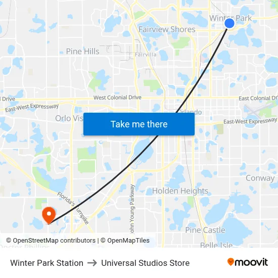 Winter Park Station to Universal Studios Store map