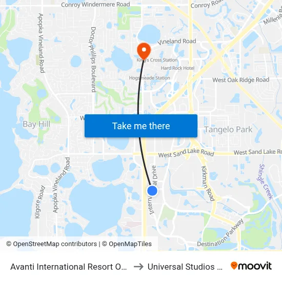 Avanti International Resort Orlando to Universal Studios Store map