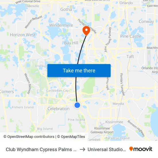 Club Wyndham Cypress Palms Kissimmee to Universal Studios Store map