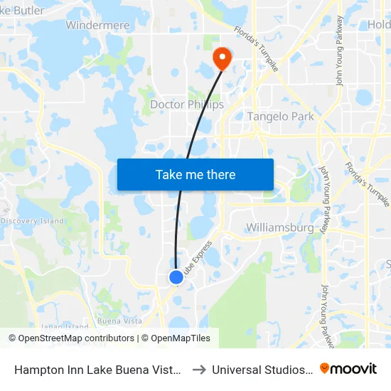 Hampton Inn Lake Buena Vista Orlando to Universal Studios Store map
