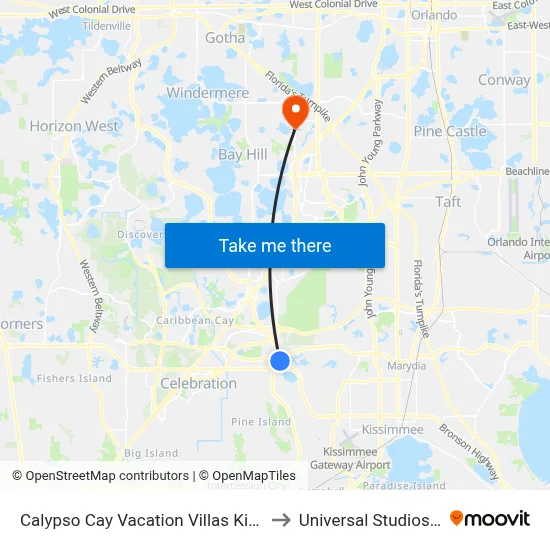 Calypso Cay Vacation Villas Kissimmee to Universal Studios Store map
