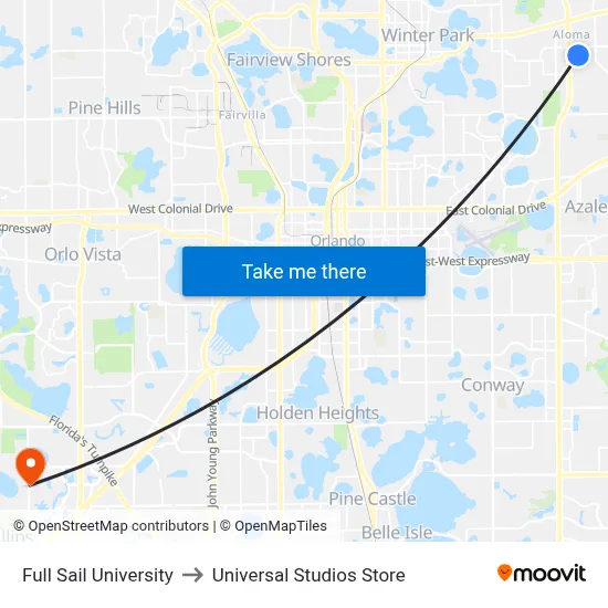 Full Sail University to Universal Studios Store map