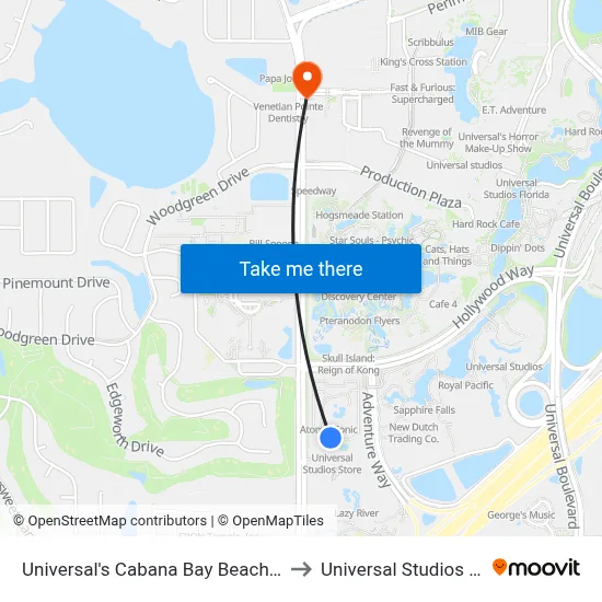 Universal's Cabana Bay Beach Resort to Universal Studios Store map