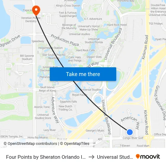 Four Points by Sheraton Orlando International Drive to Universal Studios Store map