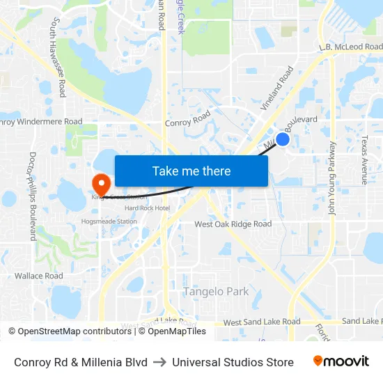 Conroy Rd & Millenia Blvd to Universal Studios Store map