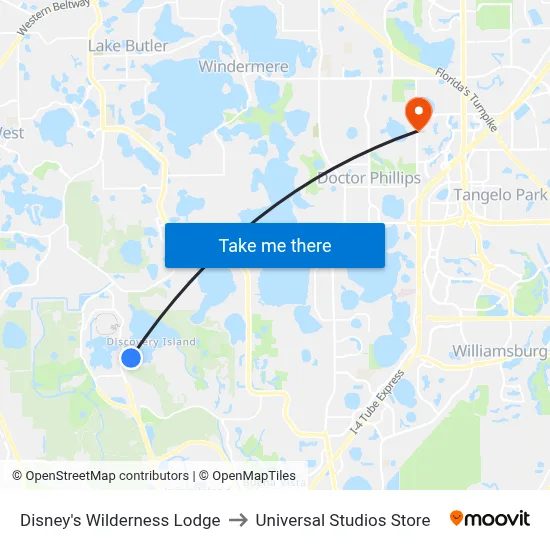 Disney's Wilderness Lodge to Universal Studios Store map