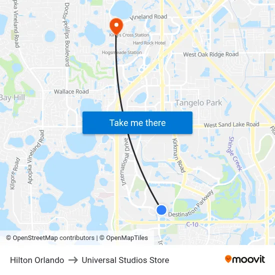 Hilton Orlando to Universal Studios Store map