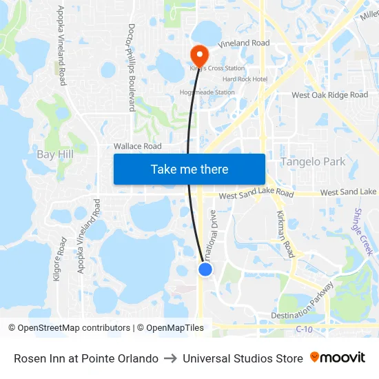 Rosen Inn at Pointe Orlando to Universal Studios Store map