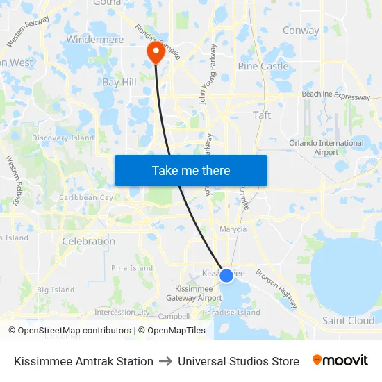 Kissimmee Amtrak Station to Universal Studios Store map