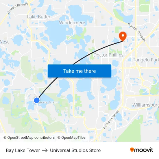Bay Lake Tower to Universal Studios Store map