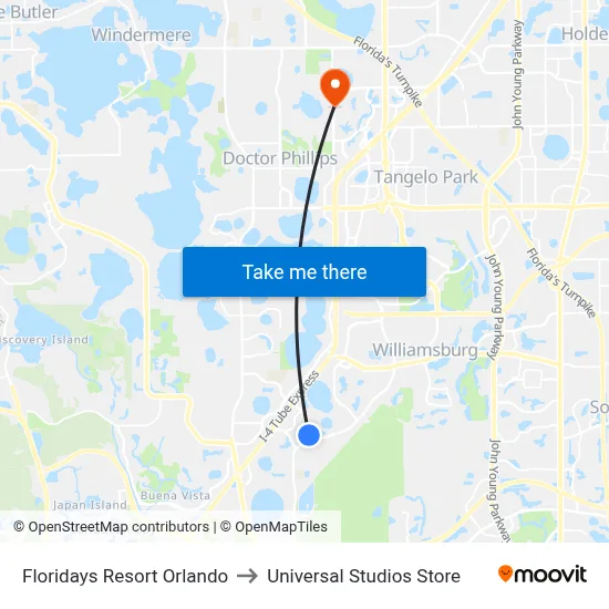 Floridays Resort Orlando to Universal Studios Store map