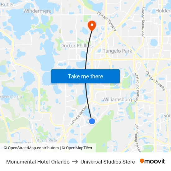 Monumental Hotel Orlando to Universal Studios Store map